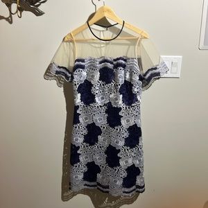 NYE!!! Silver and Navy Blue floral lace dress with shear neckline